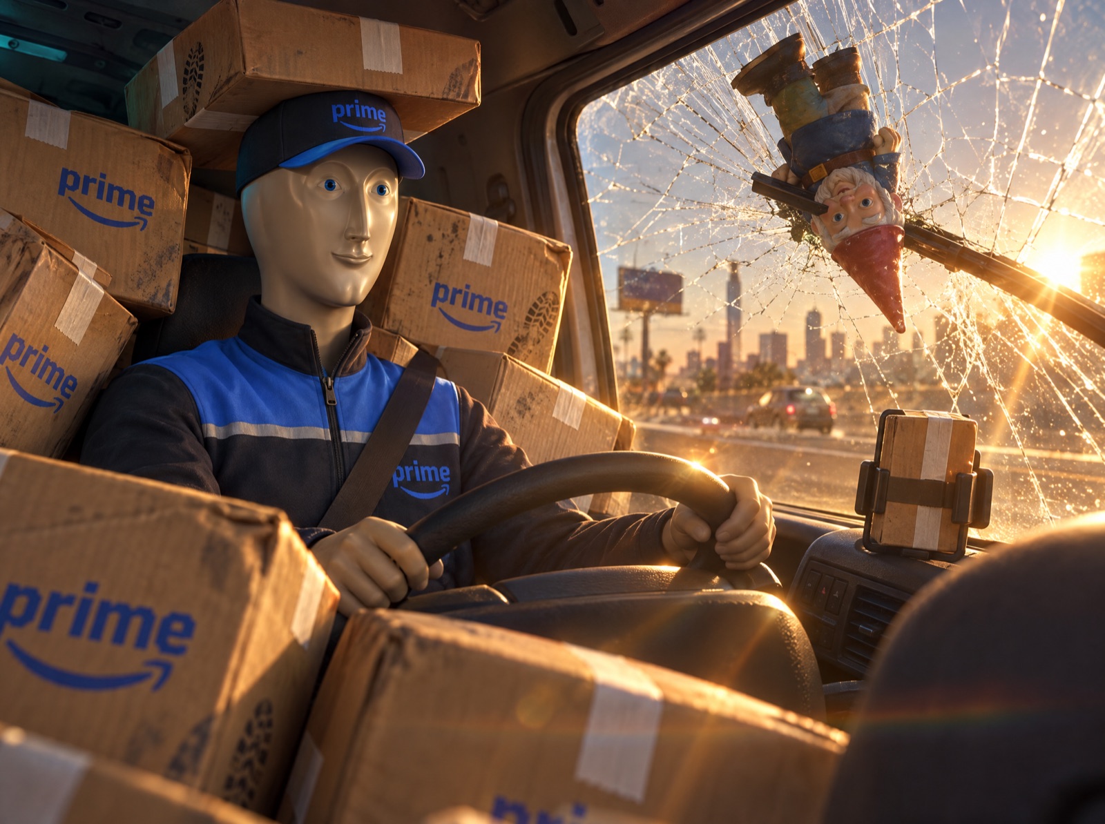 The Delivery Guy at the wheel, parcels stacked to the roof around him and a garden gnome embedded in the shattered windscreen.