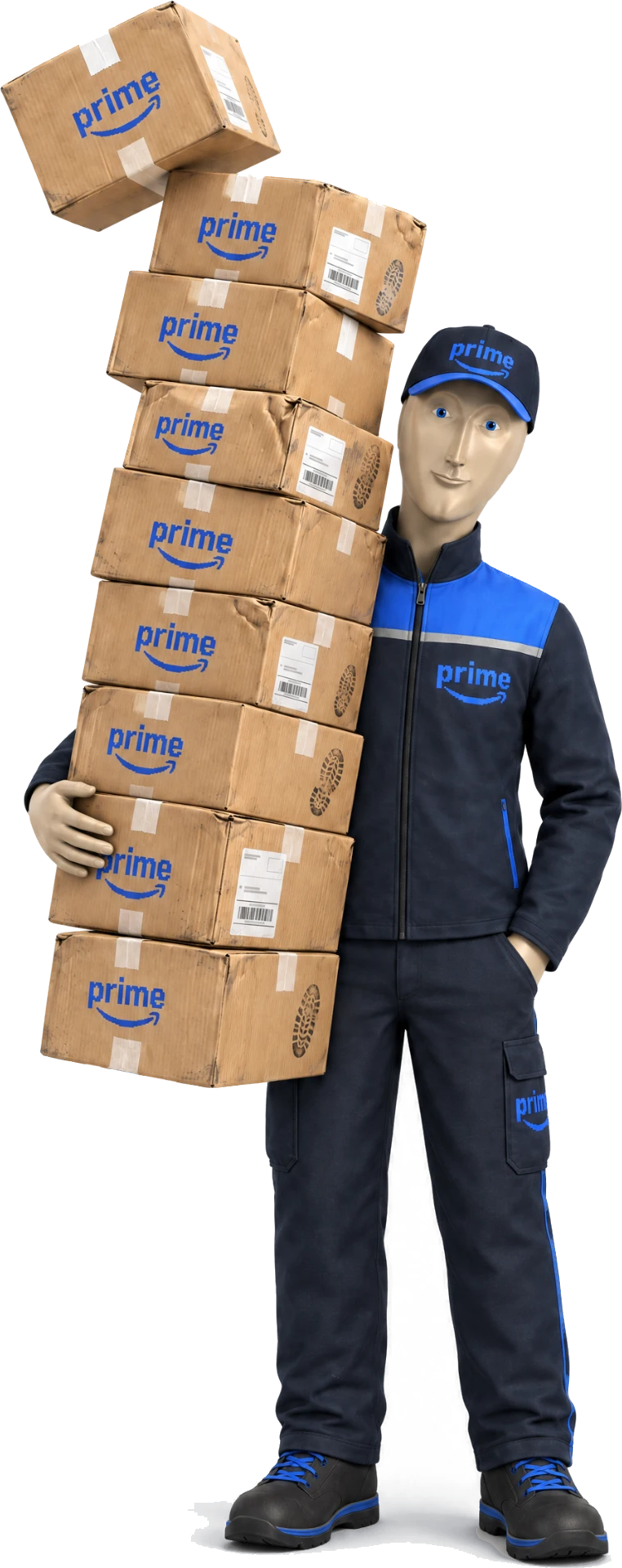 The Delivery Guy, the Stonks meme character in a Prime delivery uniform, smiling beside a stack of nine Prime parcels taller than he is, the top one tipping off.