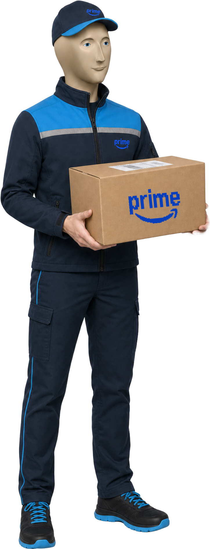 The Delivery Guy, the Stonks meme character in a Prime delivery uniform, holding a package.