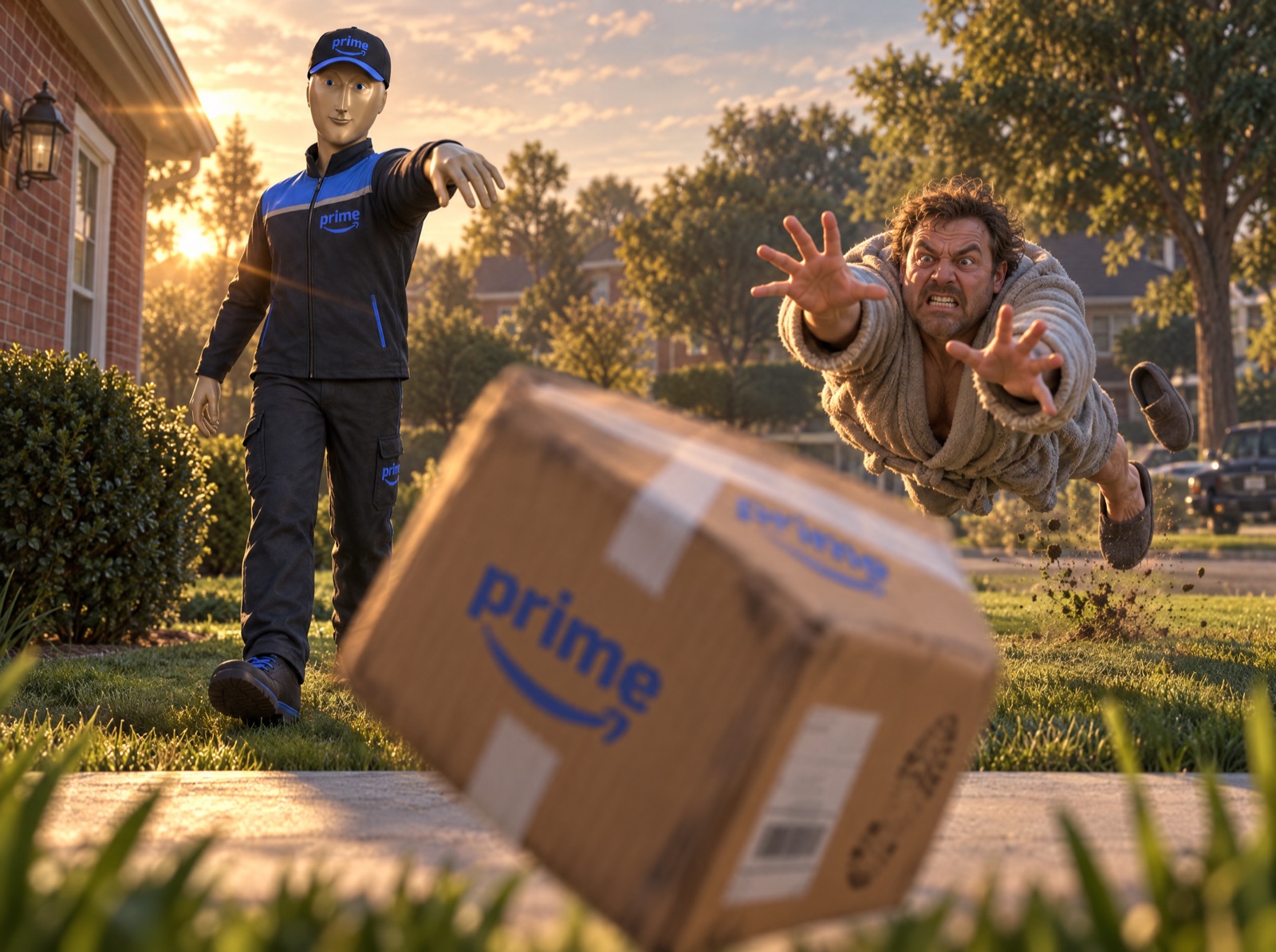 The Delivery Guy walking away from a just thrown Prime package while a man in a dressing gown dives across his own lawn to catch it.