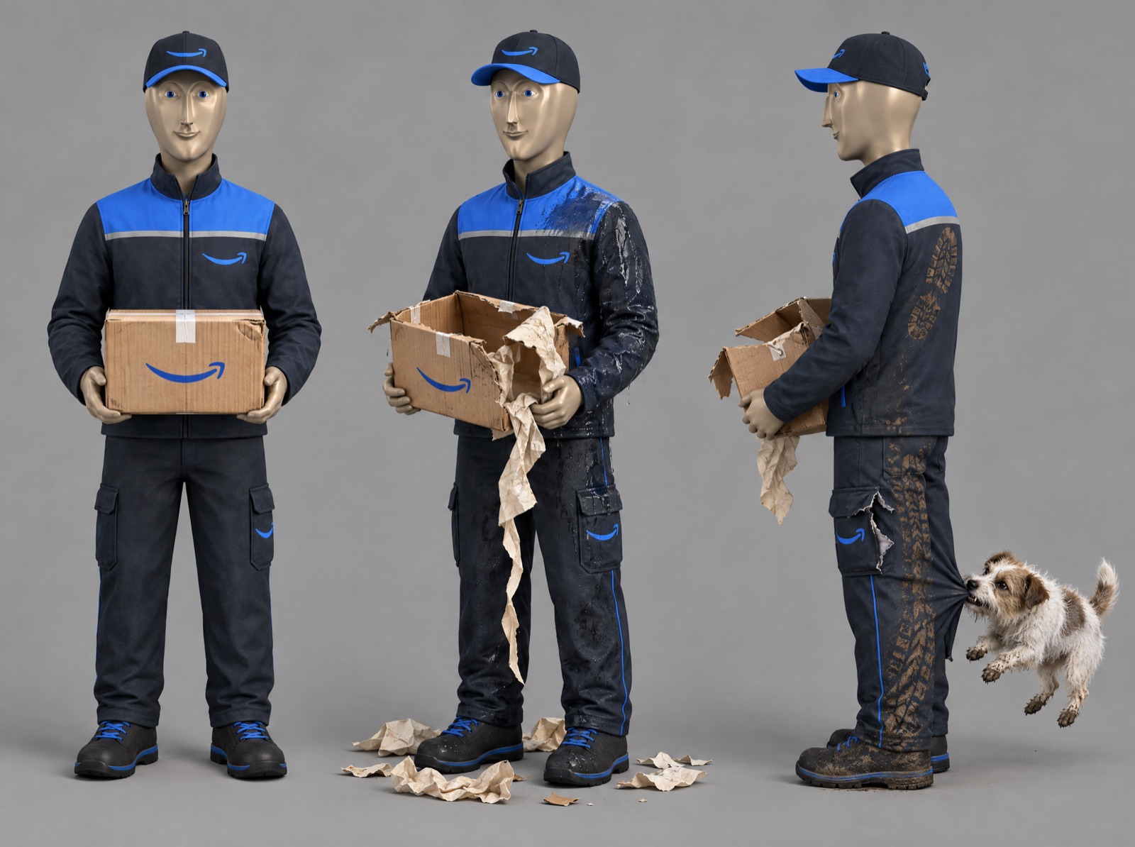 Three views of the Prime uniform: clean holding a sealed box, then soaked holding a burst one, then muddy with a terrier hanging off the trouser leg.